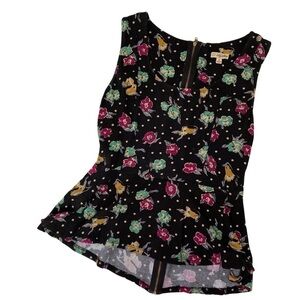 Lily White Zip Back Sleeveless Multicolored Floral Peplum Top Sz Med